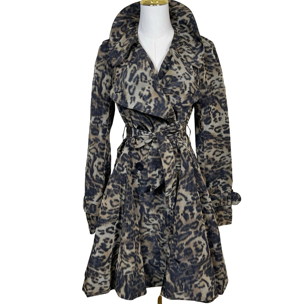 Bensoni‎ Leopard Print Trench Coat Women 4 Brown Tan Belted Fit & Flare Ruffle